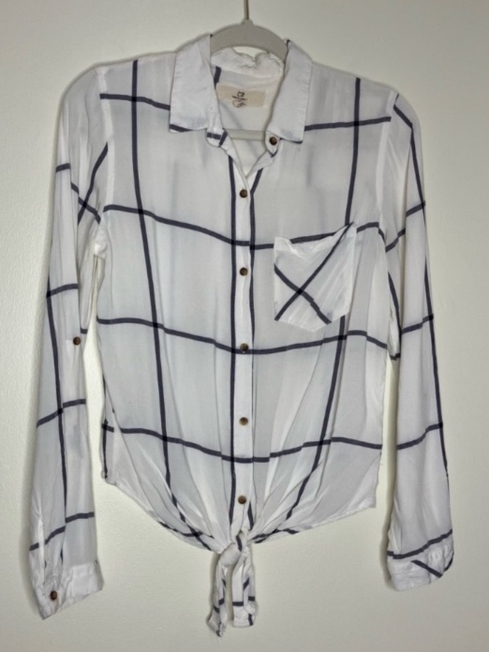 Thread & Supply knot front navy blue and white windowpane blouse S